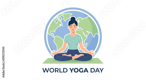 World yoga day illustration woman meditating in lotus position with earth background