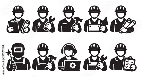 Manual Worker Silhouette Icon Set - Construction, Maintenance, and Industrial Labor Service Vector