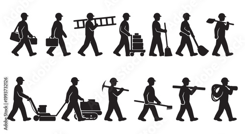 Construction and Manual Labor Worker Silhouette Set - Trade Profession and Maintenance Service Icons Vector