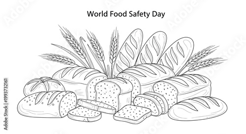 Bread products arranged with wheat stalks serve as a detailed black and white line art illustration representing the annual global celebration of food safety standards.