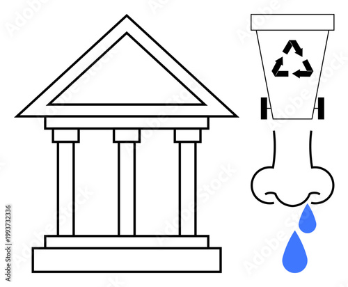 Environmental awareness, human health, waste disposal, sustainable living, air pollution, allergy education. Columns of a building, recycling bin runny nose. Environmental awareness and human health