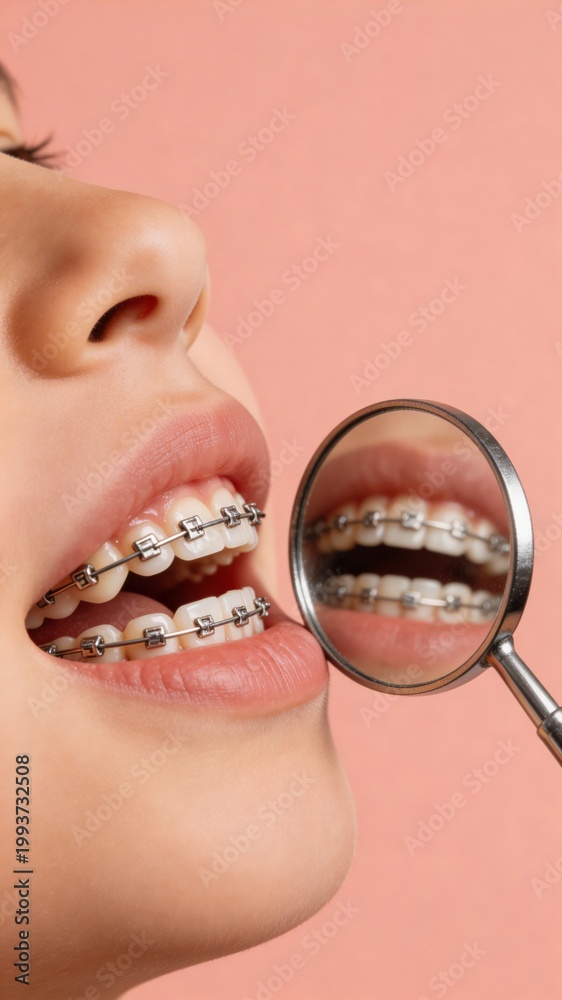 Naklejka premium A person with orthodontic braces on their teeth is being examined with a magnifying glass, highlighting the importance of dental care and orthodontic treatment for a healthy and beautiful smile.
