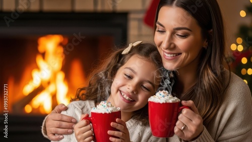 Mother and child enjoying hot cocoa by fireplace holidays