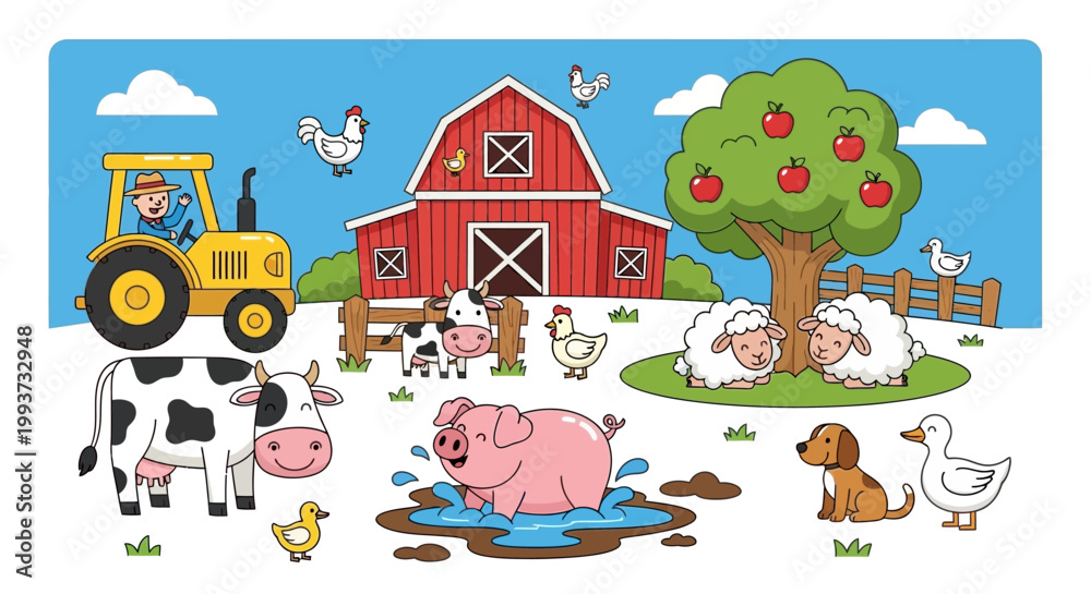 Naklejka premium Cartoon farm scene with animals and farmer enjoying sunny day