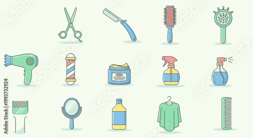 Stylized barber shop tools and accessories on light green background