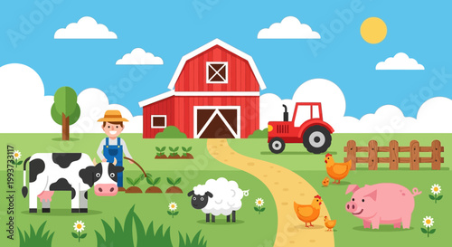 Cartoon farm scene with farmer barn animals and tractor under blue sky