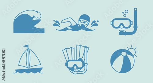 Summer recreation icons waves swimmer snorkel sailboat flippers beach ball