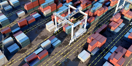 Obraz na plátně Port logistics, gantry crane moves shipping containers across a busy container y