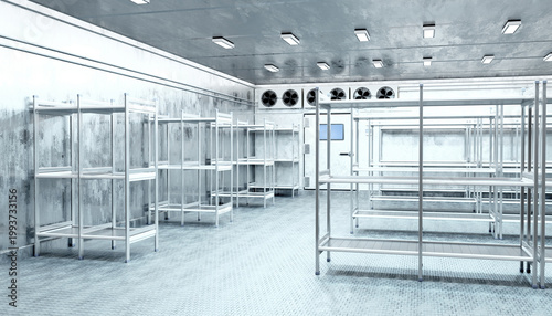 Konstfotografi Cold storage, refrigerated warehouse room stands ready with metal shelving and c