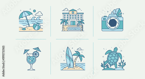 Summer vacation icons beach ocean hotel camera cocktail surfboard turtle