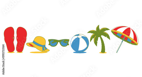 Summer vacation icons flip flops hat sunglasses beach ball palm tree and umbrella