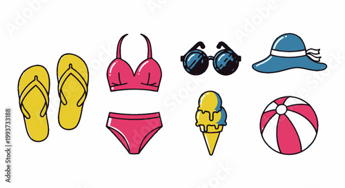Summer vacation icons flip flops swimsuit sunglasses hat ice cream beach ball