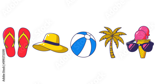Summer vacation icons flip flops hat beach ball palm tree and ice cream