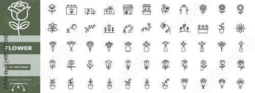 Flower line icons set floral rose bouquet blooming garden plant spring blossom pot decorative petal leaf botanical nature sprout sunflower vase & more vector illustration with editable stroke.