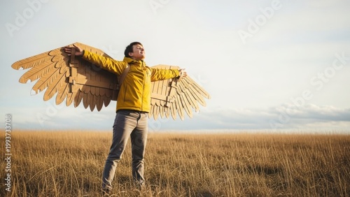 Man with large feather wings standing in open field