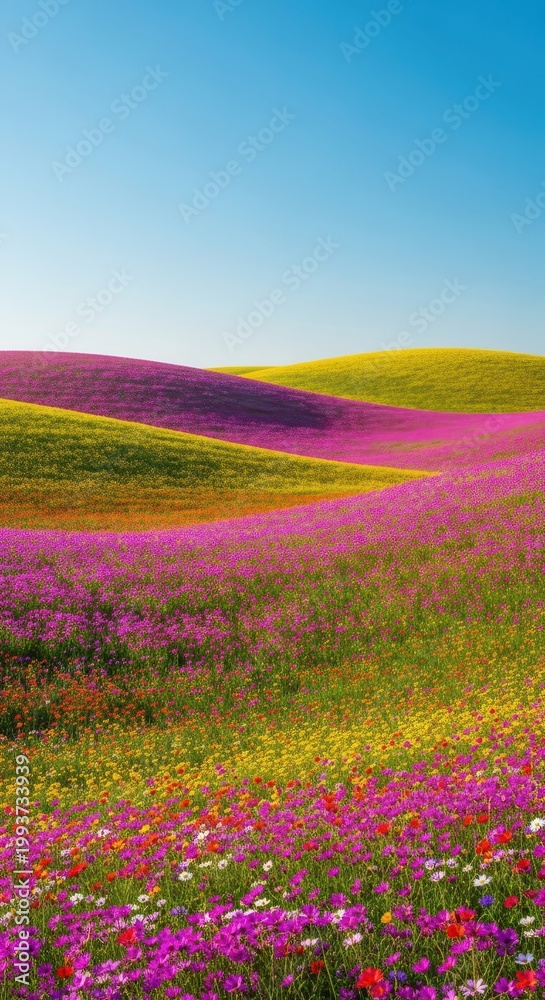 Fototapeta premium A brightly lit, expansive meadow featuring rolling hills covered in highly saturated, colorful wildflowers under a clear blue sky, cheerful, wide, happy