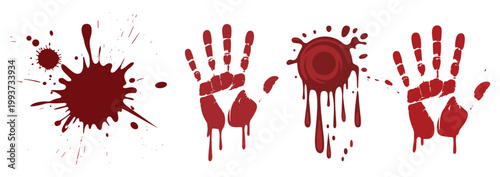 Blood Splatter and Handprints: Illustrative depiction of blood splatters and handprints, perfect for conveying themes of crime or horror. Crime scene, bloodstains, splatter effect, horror theme.