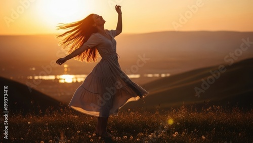 Joyful woman dancing sunset beach warm light freedom spirit
