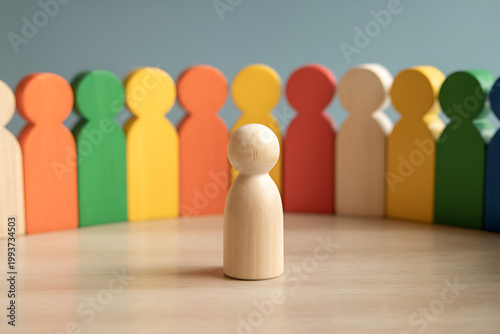 Single wooden peg person figure standing in front of a colorful diverse group with public speaking decision maker standing individuality community management leadership representation abstract