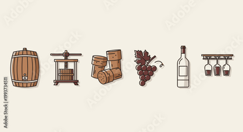 Wine production process barrel press corks grapes bottle and glasses