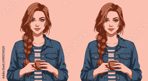 Woman holding coffee cup illustration in cartoon style