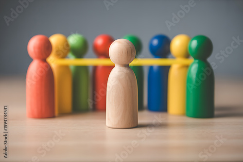Row of colorful wooden peg dolls connected by a band with a single unbound figure in the foreground connection community inclusion diversity colorful together cooperation relationship
