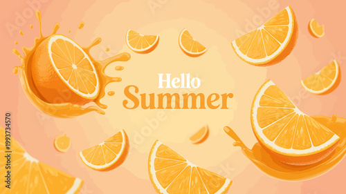 Oranges and orange slices with juice splashes on peach background with hello summer text