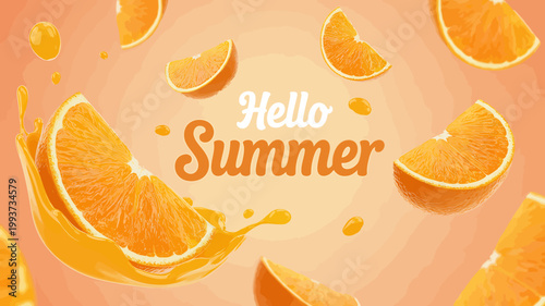 Hello Summer orange slices and juice splashing on warm background
