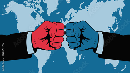 Two fists in business suits with red and blue colors against world map background