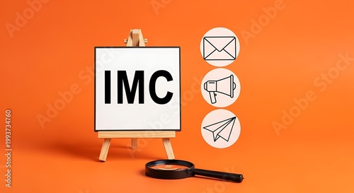 IMC abbreviation on a whiteboard with symbols for marketing communication strategy.