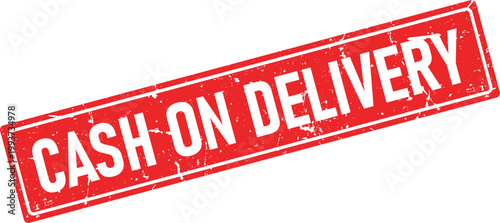 Distressed red rectangular rubber stamp impression displaying the phrase CASH ON DELIVERY in white uppercase letters
