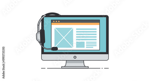 Computer screen with headset illustration for customer service and support
