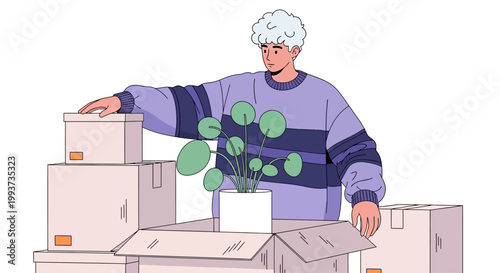 Man moving house, boxes and plant, cartoon illustration, minimalist style, purple sweater