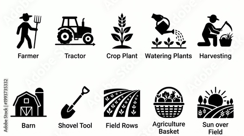 Minimal Agriculture Icon Set – Farmer, Tractor, Corn, Harvest, Barn, Tools Black Silhouette Vector Pack agriculture icon set, farming icons, farmer silhouette, tractor icon vector, corn stalk icon