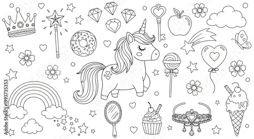 Unicorn, magical, whimsical, fantasy icons, 40 symbols, black and white, line art, coloring book, clip art