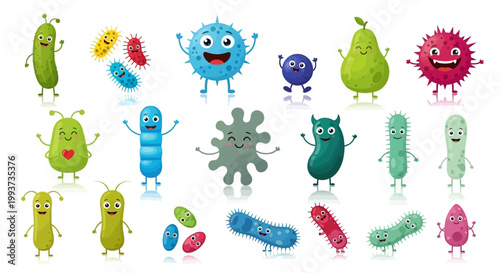 Cartoon bacteria, microbe illustrations, 20 cell biology icons, colorful germ characters, vector set
