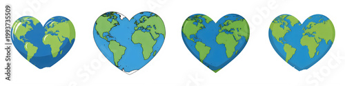 Heart shaped earth icons set showing different continents and oceans.