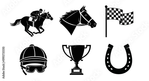 Horse Racing Icons, Black Silhouettes, Equestrian Symbols, Sports Graphics, 6 Vector Icons
