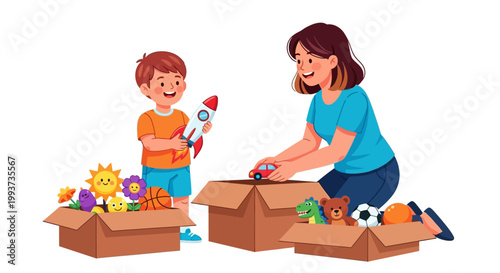 Colorful toys, kids playing, toy boxes, playtime fun, childhood moments, vector illustration