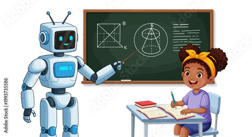 Robot teacher, kid student, classroom education, learning illustration, vector cartoon