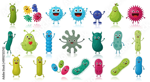 Colorful cartoon bacteria, microbe illustrations, 25 vector icons, germs and viruses, educational biology, medical symbols