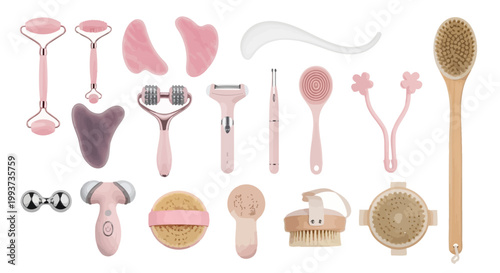 Pink skincare tools, facial care equipment, beauty accessories set, 20 piece collection
