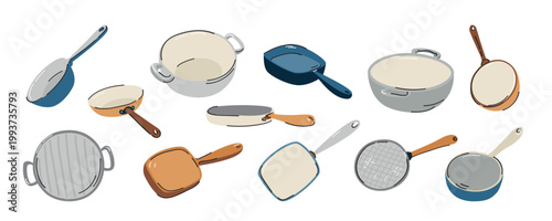 Frying pan  vector set. Hand drawn flat illustration with doodle elements. Kitchenware collection isolated on white.