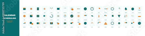 Calendar scheduling icon set, 54 professional time management vector icons, teal and orange business planning symbols for app interface design