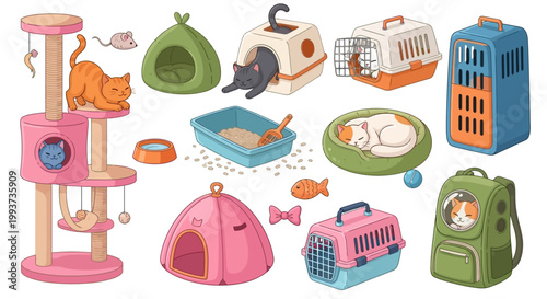 Cat toys and accessories, pet supplies, colorful cat carriers, scratching posts, playsets, feline fun