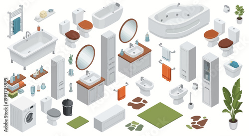 Bathroom fixtures and furniture, 25 elements, vector icons, white and orange, modern design, bathroom accessories, interior design elements