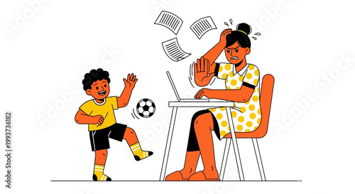 Remote work distractions, woman frustrated, kid playing soccer, home office chaos, vector illustration