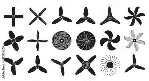 Wind turbine blades, propeller icons, rotor blade sets, black and white graphics, 20 vector illustrations