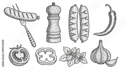 Vector grilled meat icons, barbecue food illustrations, sausage pepper onion set, 8 elements