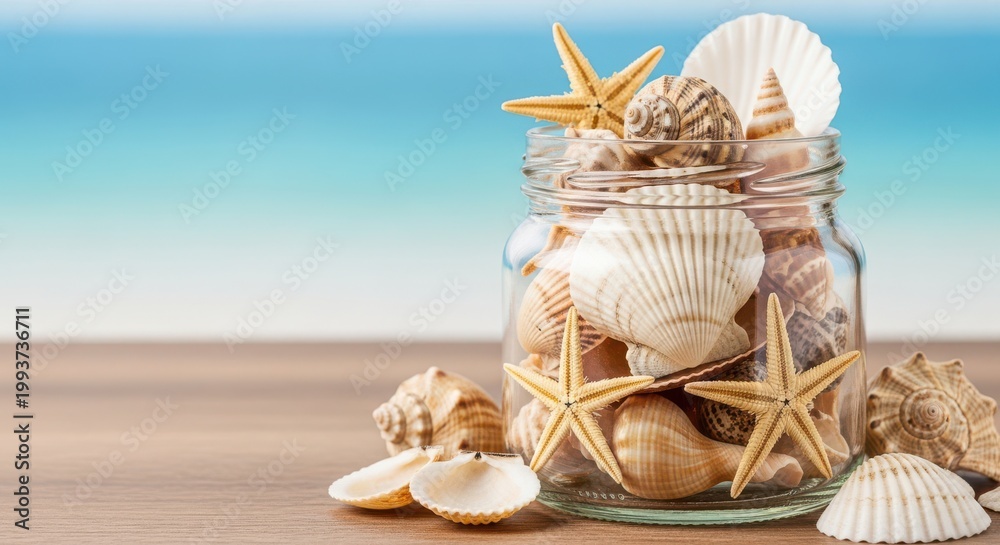 Fototapeta premium Glass jar filled with seashells and starfish on a wooden surface